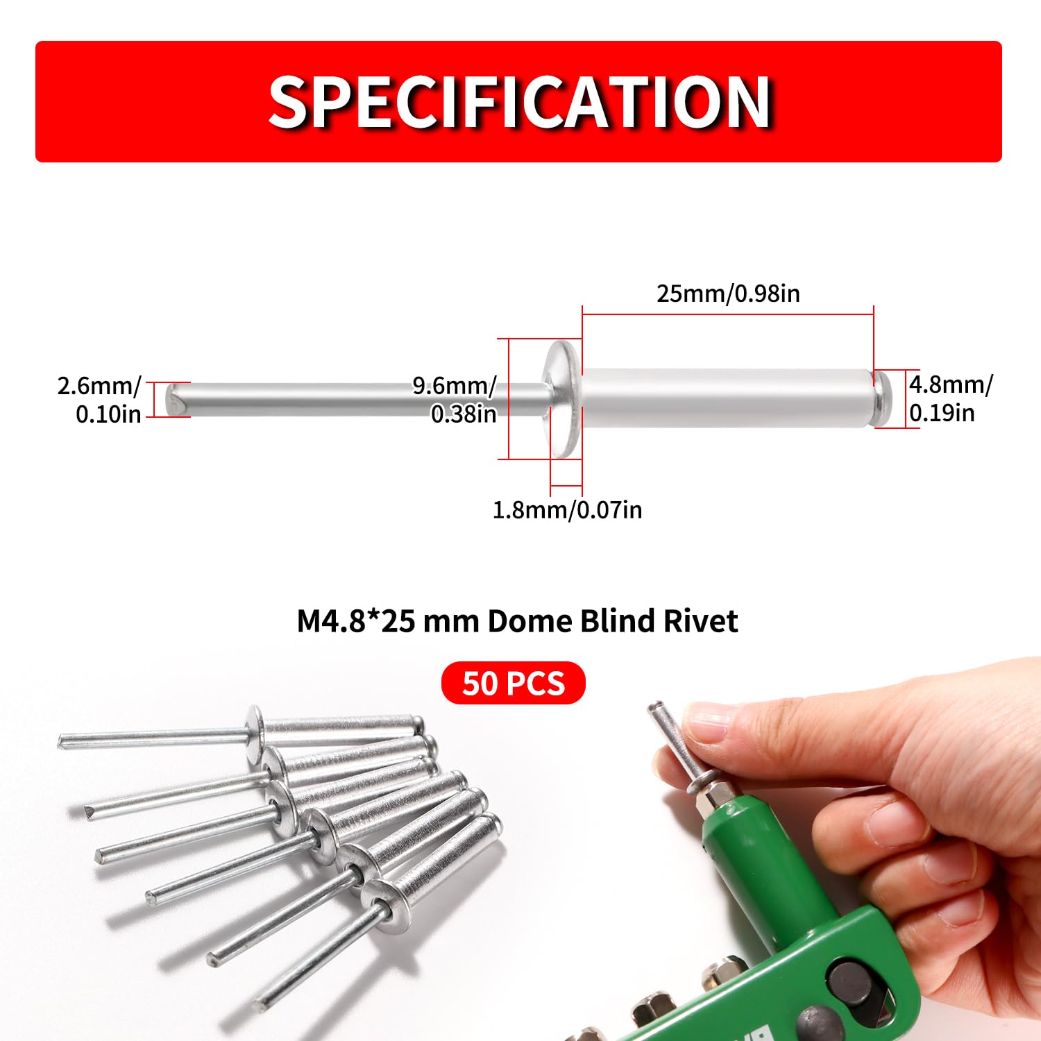 YIXISI 50 Pezzi M4.8x25 mm Rivetti Ciechi in Alluminio, Grande Flangia Alluminio Rivetti Ciechi, Rivetti Ciechi con Testa a Cupola, per Metallo Legno Plastica