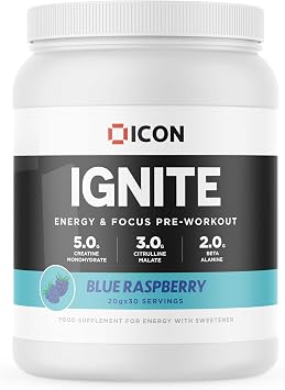 ICON Nutrition Ignite Pre-Workout - Blue Raspberry Flavour - 600g 30 Servings, Energy Formula for Maximum Performance, Focus & Endurance, Ideal for Gym, Workout Training Scoop Included
