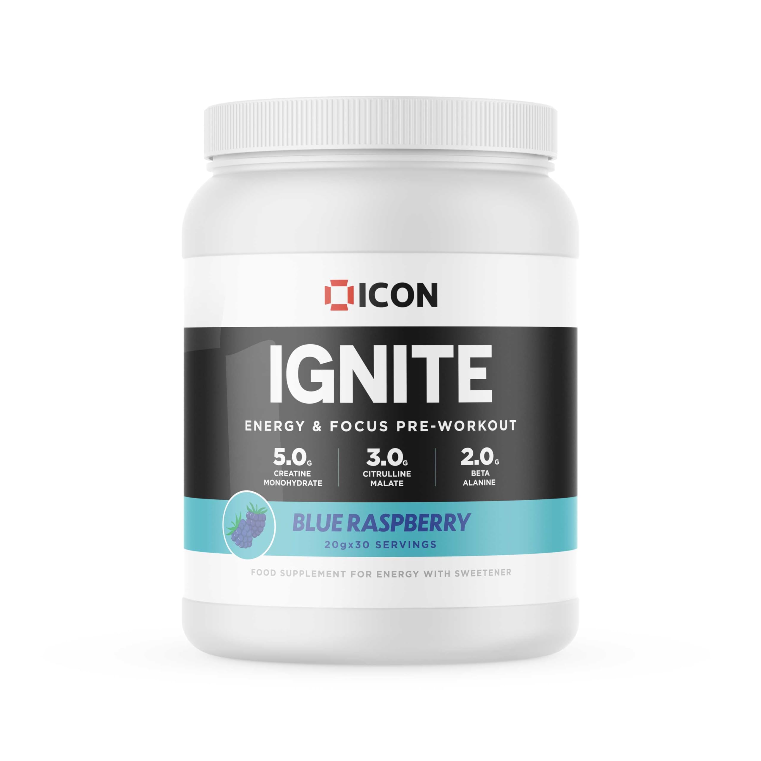 ICON NutritionIgnite Pre-Workout - Blue Raspberry Flavour - 600g (30 Servings), Energy Formula for Maximum Performance, Focus & Endurance, Ideal for Gym, Workout Training (Scoop Included)