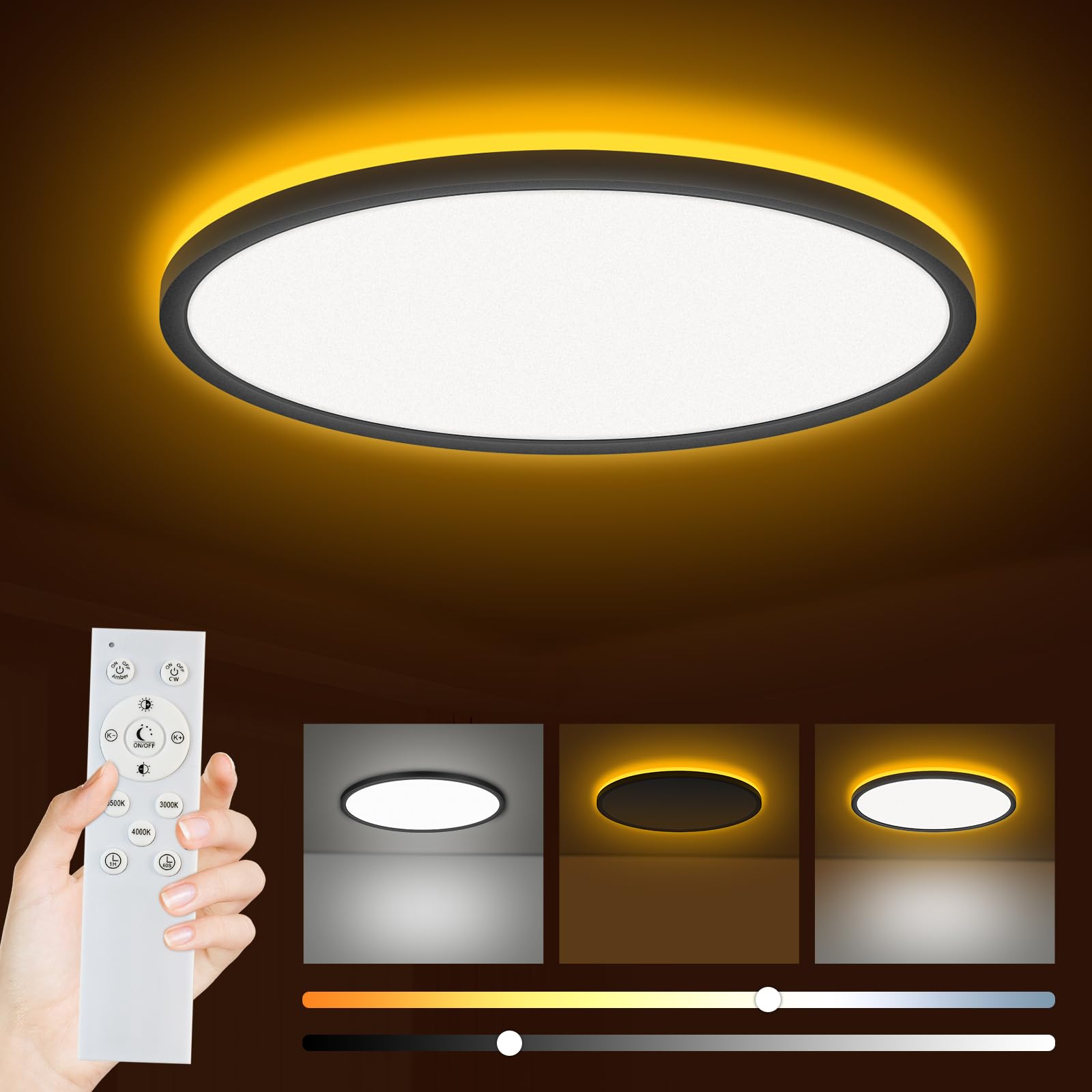 Bowfar LED Deckenleuchte, 24W 2800LM Deckenlampe mit Fernbedienung Dimmbar 3000K-6500K, 1800K Nachtlicht Amber, Rund Badezimmer Lampe für Wohnzimmer Kinderzimmer Schlafzimmer Ø29.5x2.5cm, Schwarz