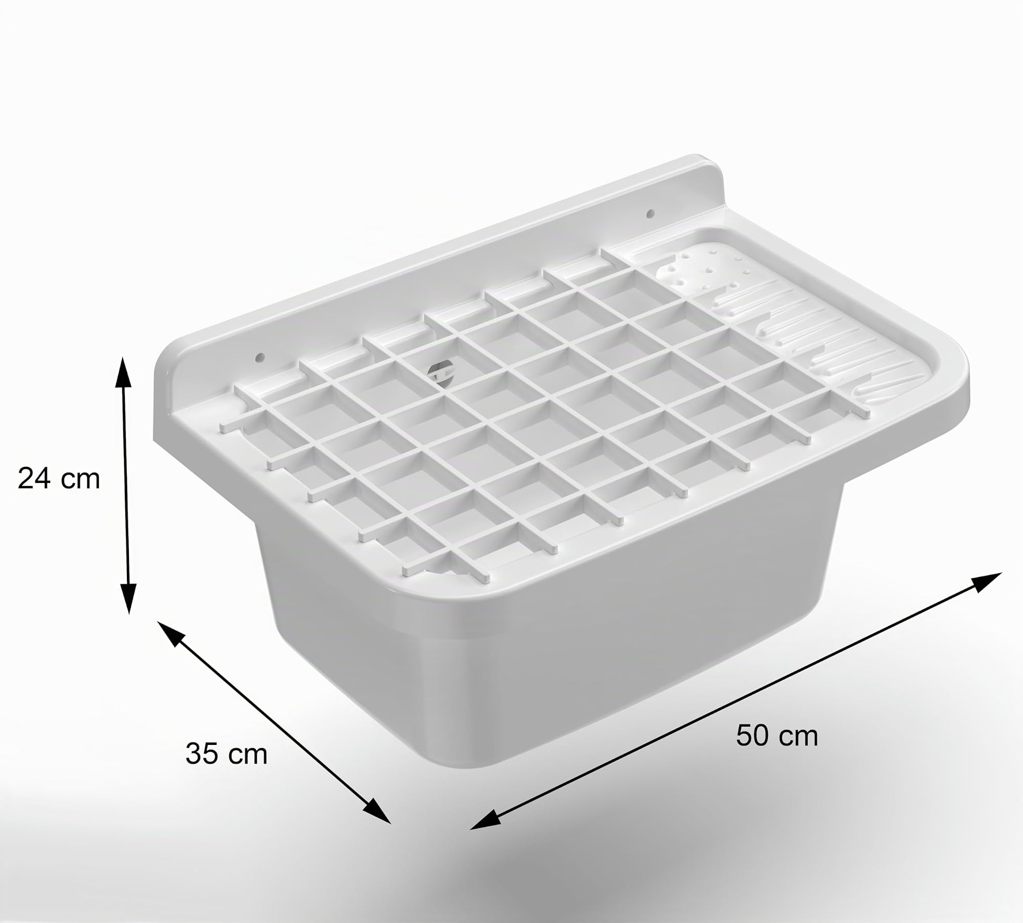 Adventa: Bañera de Resina de Polipropileno con Rejilla, fijación a la Pared, con sifón y desagüe, Resistente a los ácidos de Uso común, lavadero, Garaje, Exterior, 50 L x 35 P x 24 H cm, Blanco