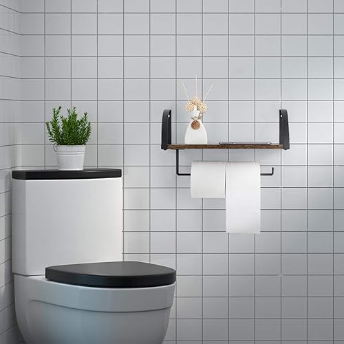 Miniatura 7 de BTY Soporte para toallas de papel con estante, soporte vintage de granja montado en la pared para toallas de papel debajo del gabinete, estante de