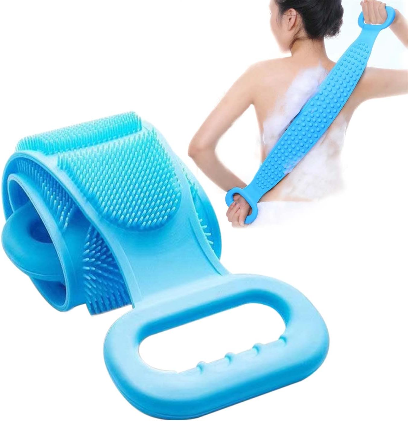 Silicone Back Scrubber for Shower，Upgrade Body Brush for Men/Women Exfoliating Long Double Side Back Scrubber Shower Brush Deep Clean SPA Massage Skin Care，Bathing Accessory Bubble Bath for Men（Blue）