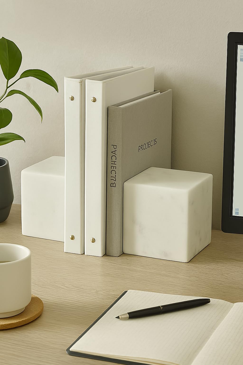 RM White Marble Bookends | Handcrafted Geometric Heavy Stone Book Holders | Luxury Decorative Accents for Office, Living, Home & Shelf Decor | Elegant Gift for Readers (2Pcs, Cube)-image-2