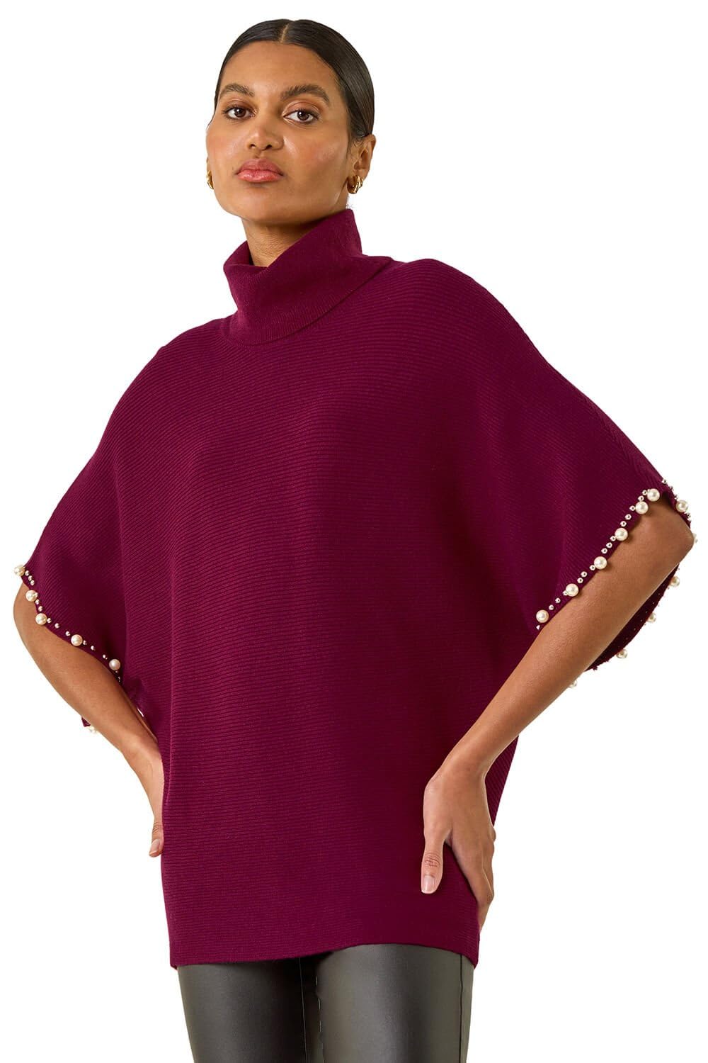 Roman Originals Faux Pearl Embellished Knit Jumper for Women UK - Ladies Everyday Autumn Winter High Neckline Comfy Soft Evening Vacation Work Party Night Out - Maroon - Size 20