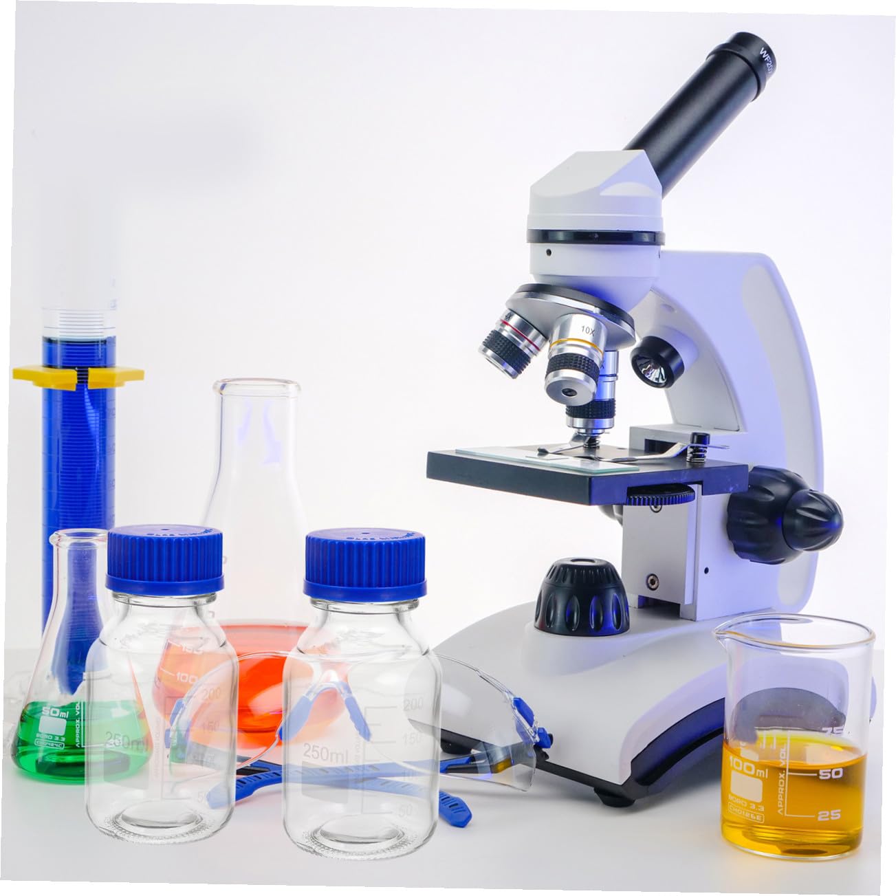Set di 4 Bottiglie di Reagente da 250ml in Vetro con Tappo a Vite Blu, Riutilizzabili e Lavabili, per Laboratorio e Istituto Chimico