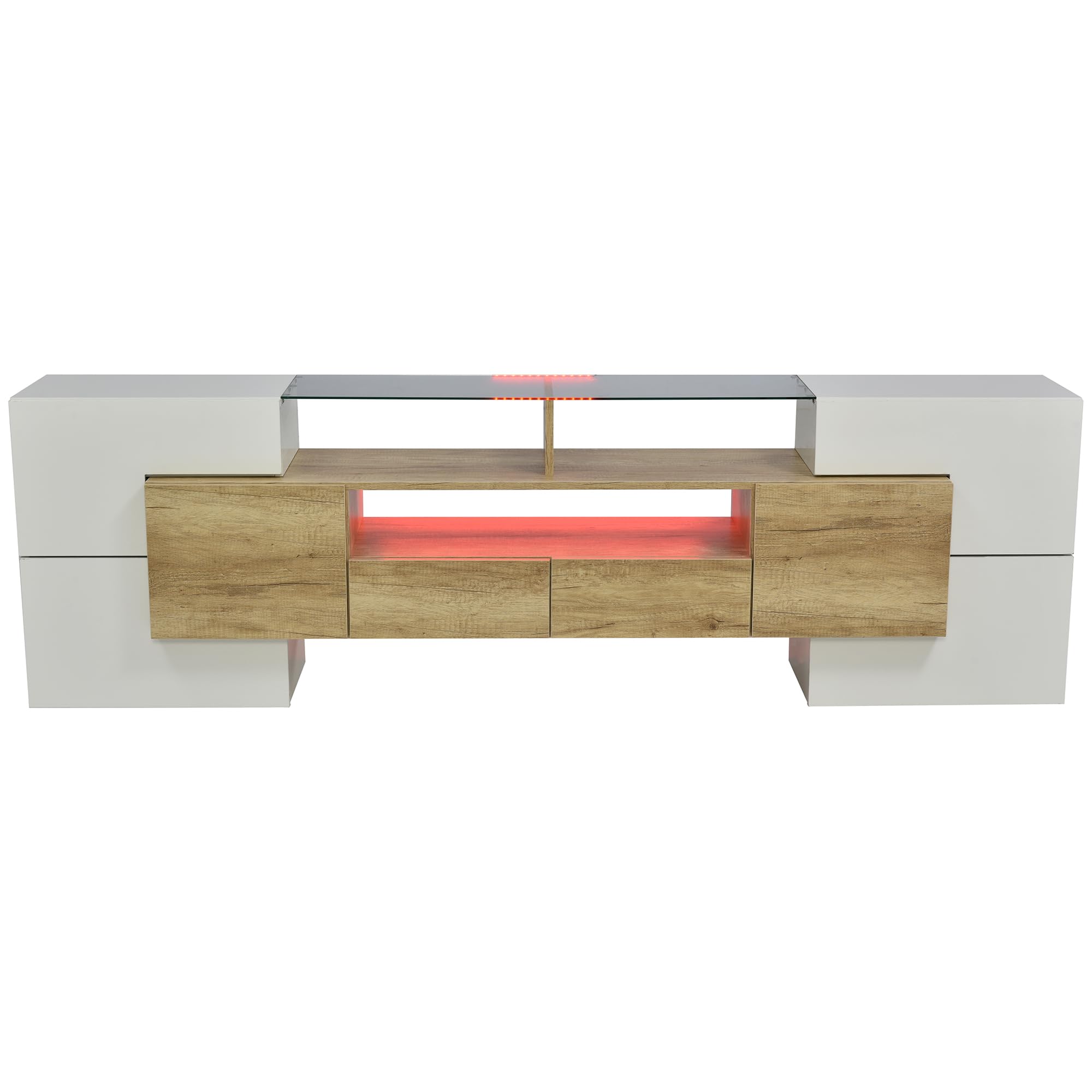 Elegante mueble de TV blanco brillante, 200 cm, con iluminación LED, diseño moderno, superficie de cristal