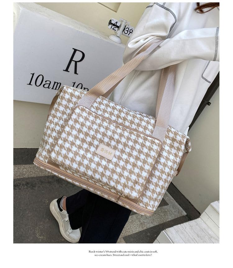 Foldable Travel Tote Bag Houndstooth Duffle Bag Gym Bag for Women Weekender Overnight Duffel Bag Shoe Compartment (Beige)2
