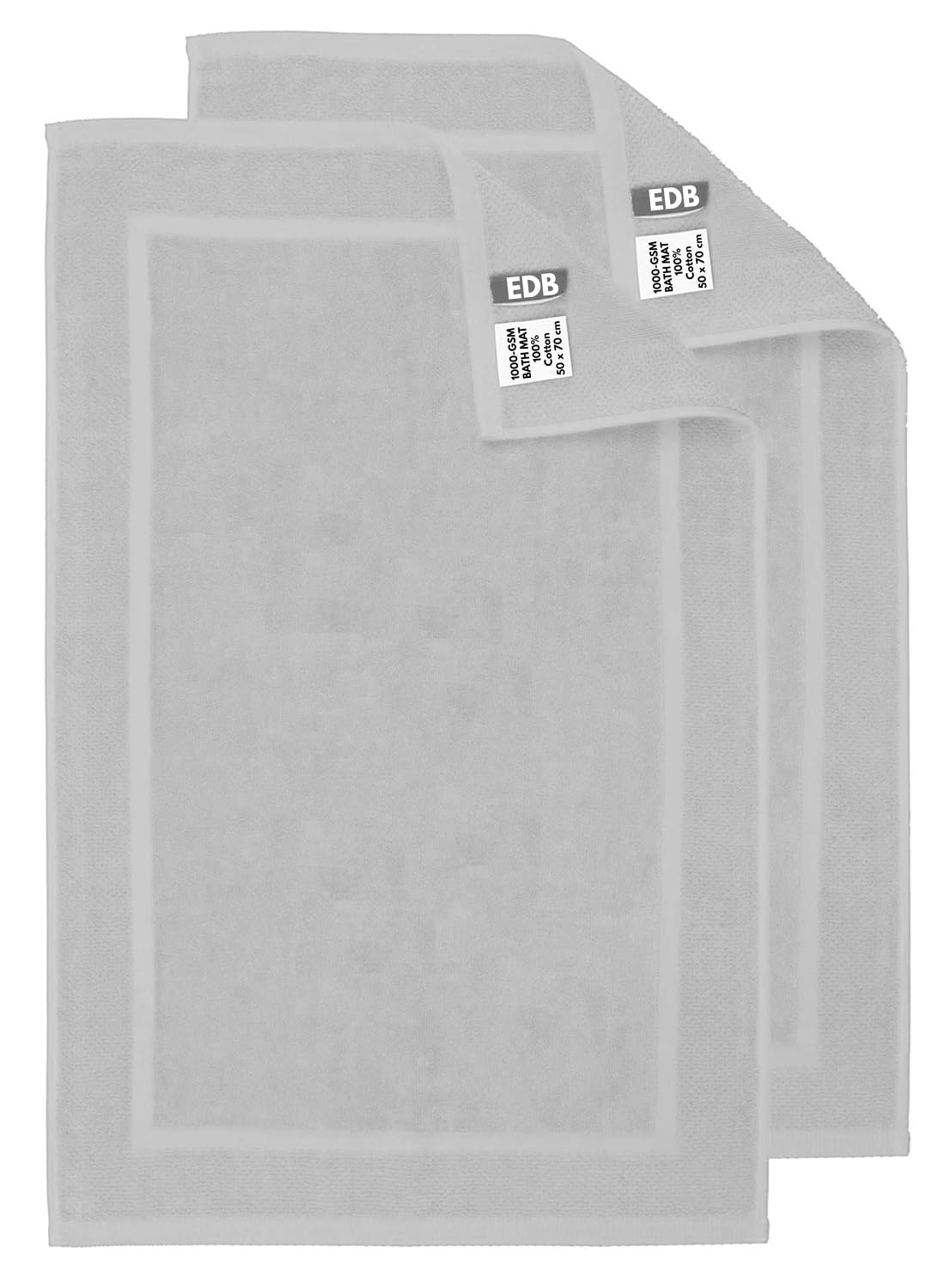 EDB Pack of 2 Terry Toweling Bath Mats Set 100% Cotton Maximum Absorbency Quick Dry 50 x 70 cm Machine Washable Soft 1000-GSM (Silver)