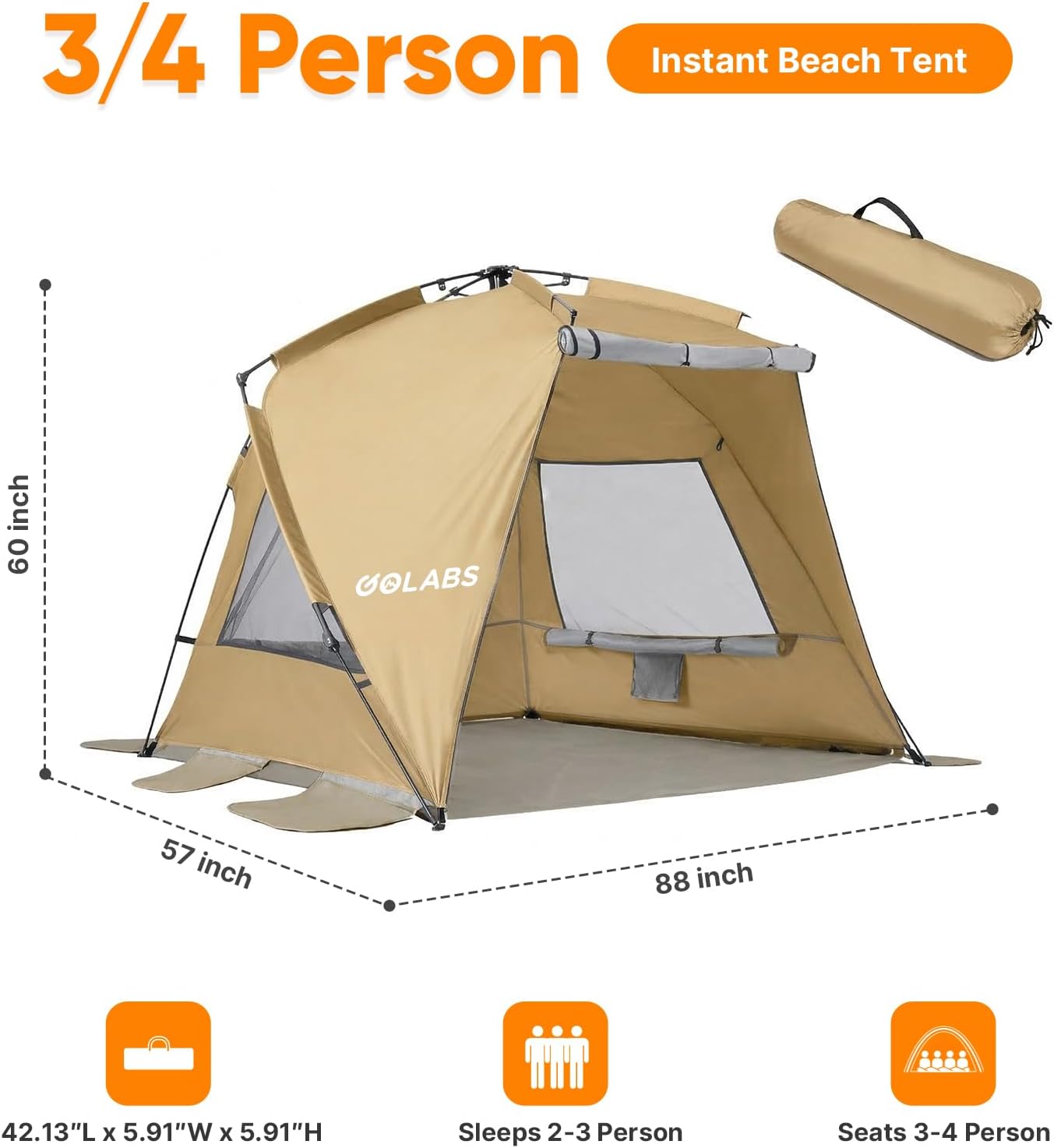 Golabs BT1 Pop up Beach Tent Sun Shelter for 3-Person, 1-Minute Setup by Pre-Attached Pole & UPF 50+, Beach Shade with Detachable Floor Mat, Mesh for Clear View & Airflow, only 7 lbs & Pocket and Hook