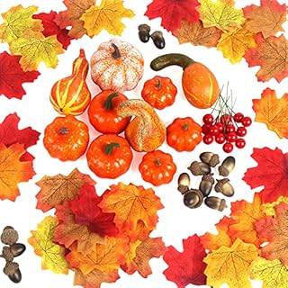 DERAYEE 105 PCS Artificial Lifelike Pumpkin, Autumn Artificial Maple Leaves, Acorns and Orange Berry Stems Set for Fall Harvest Thanksgiving Halloween Home Garden Table Decoration