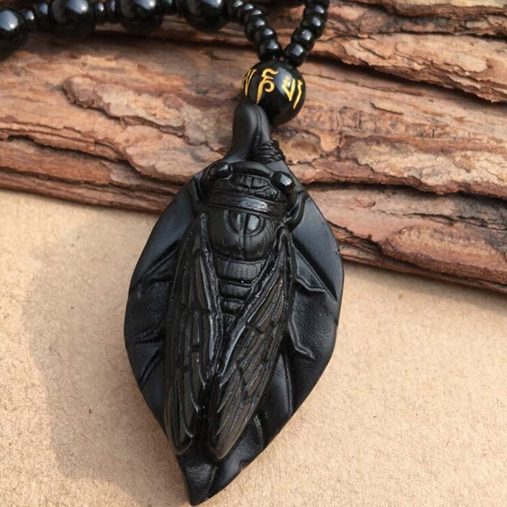 EASTCODE 45x23mm Beautiful Handwork Natural Black Obsidian Carved Cute Leaf Cicada Lucky Amulet Pendant + Beads Necklace Fashion Jewelry