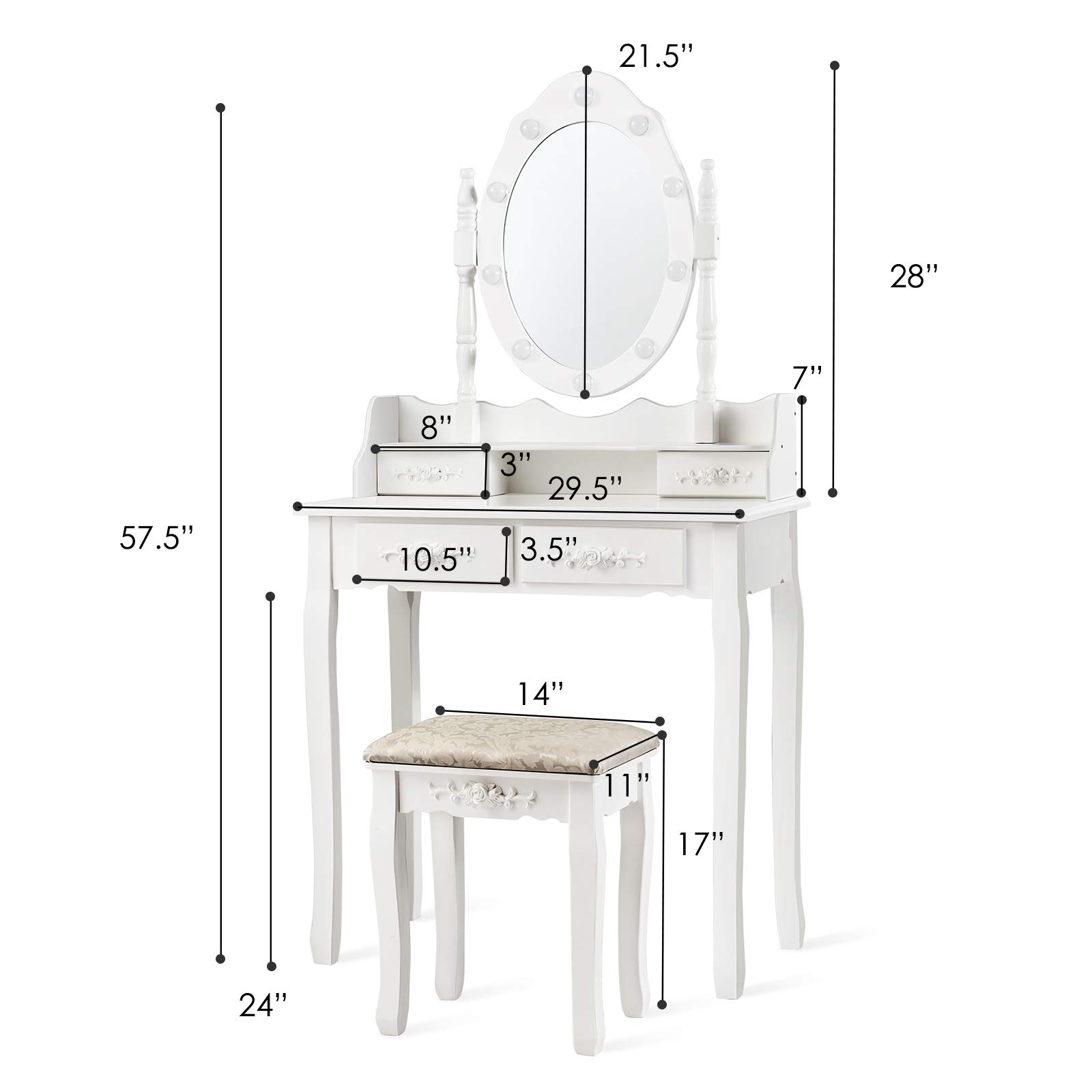 DORTALA Vanity Table Set w/ 10 LED Dimming Bulbs, Classic Makeup Dressing Table Set w/ 2 Large Drawers & 2 Tabletop Boxes, Stable Beauty Station, White
