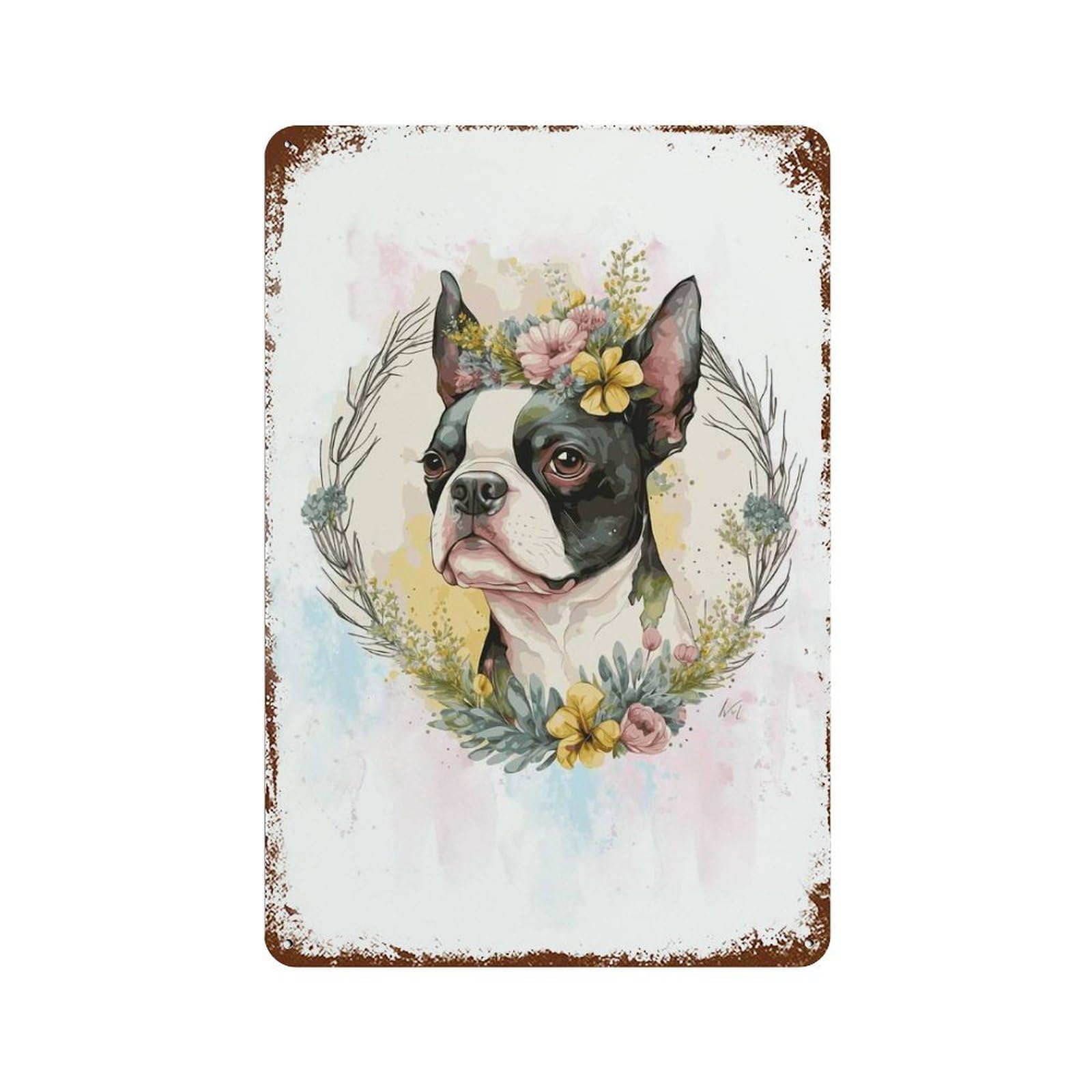 Distressed Metal Wall Sign Floral Boston Terrier 11.8"x7.9", Old School Wall Decor for Bistro, Counter And Cafe Decor