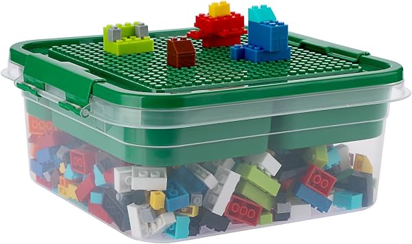 Toy Organizer with Bricks Baseplate Lid for Building Blocks, Bricks Building Set Organization Bin with Compartments Tray, Stackable Storage Box Building Block Chest Case Green