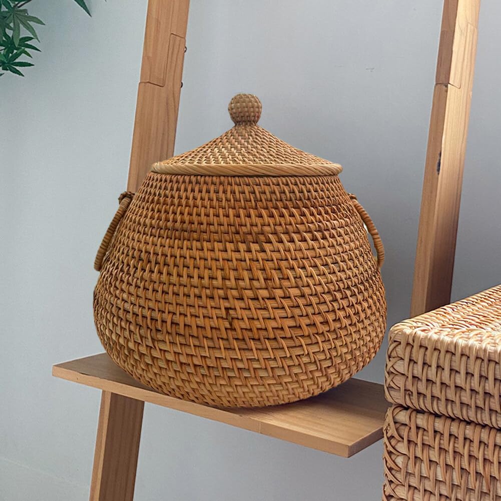 Cesto portaoggetti in vimini con coperchio-cestino in rattan Cesto per frutta rotondo in rattan naturale leggero intrecciato a mano per frutta, verdura