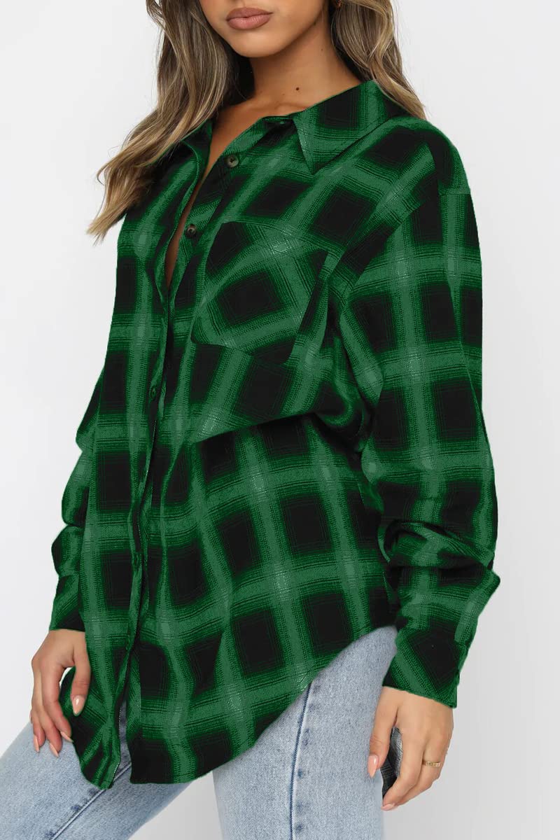CHYRII - Camisa de franela con botones para mujer, de manga larga, a cuadros, estilo informal, para negocios