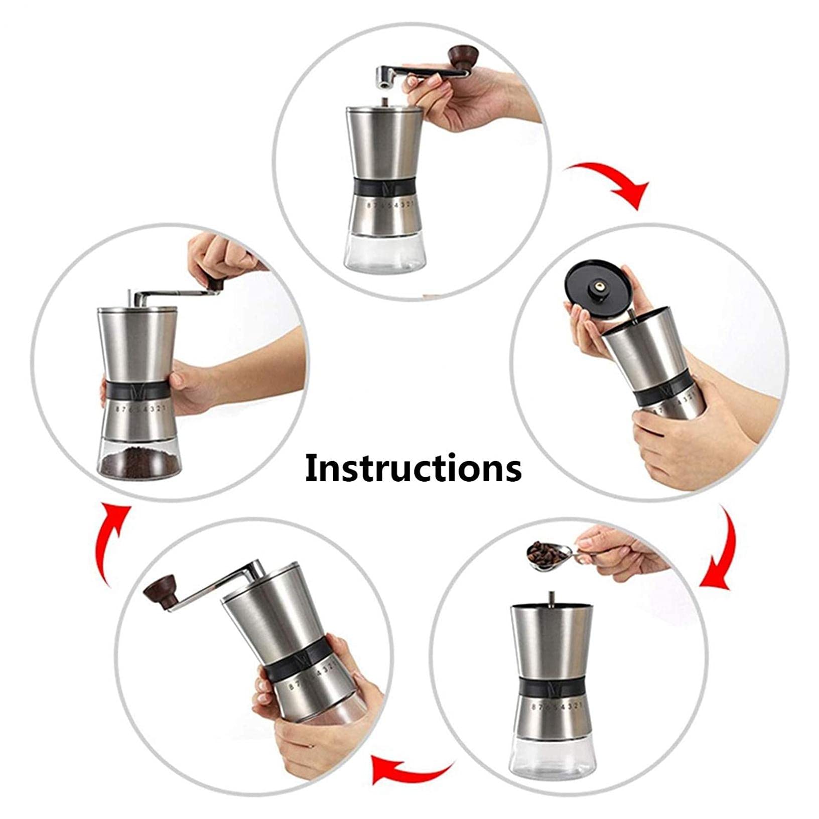 Molinillo De Café Manual, Ajuste Ajustable Molino De Manivela Portátil De Acero Inoxidable con Fresa De Cerámica, Molino De Café De Mano, Silver