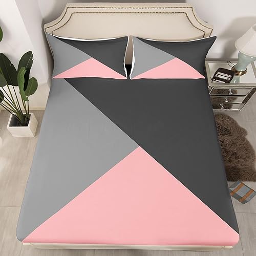 Erosebridal Juego de ropa de cama rosa y gris para niñas, mujeres y niños, sábana bajera ajustable de triángulo geométrico, color rosa, gris claro,
