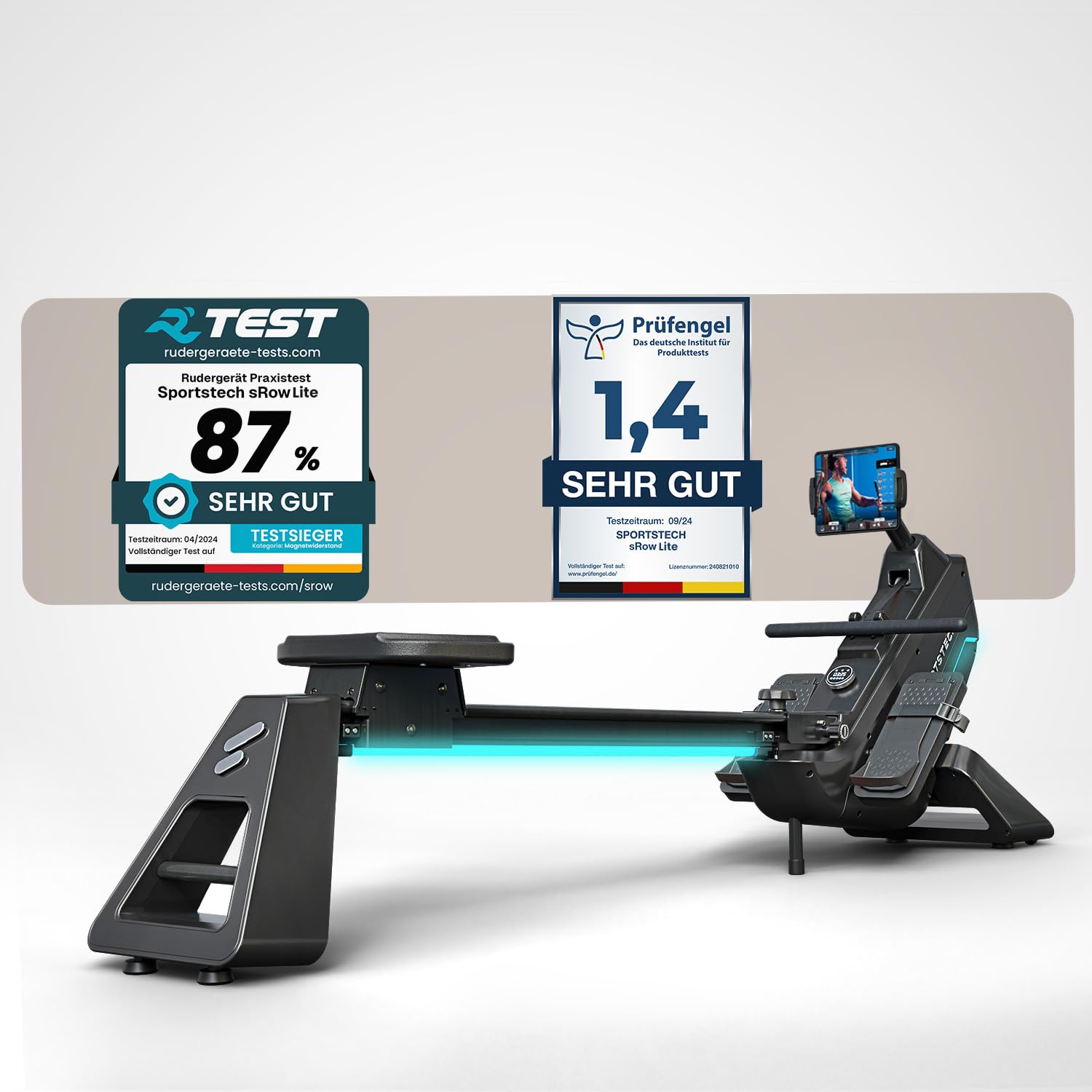 Sportstech sRow Lite Rudergerät für Zuhause klappbar, leises Magnetbremssystem, 24 Widerstandsstufen, LED-Knob-Display mit Feedback, Sportstech Live App, drehbarer Tablethalter, Rudermaschine