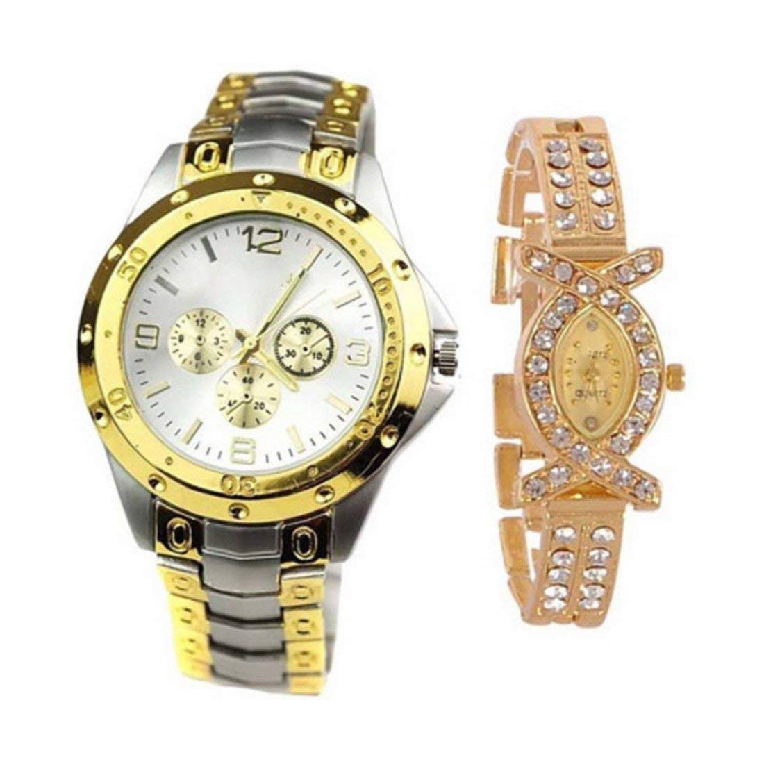 AcnosPremium Silver Gold Dial Analogue Watches Combo for Beautiful Couple Pack of - 2 R-Silver Gold in Silver Dial + Aks
