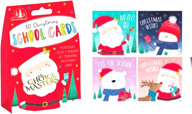 30 x Childrens Seasonal Xmas Cards  |  School Pack For Class Friends & Teachers  |  Christmas Cards With 4 Designs With 1 X Teacher Card And 1 X Teaching Assistant Card (With Red Box)