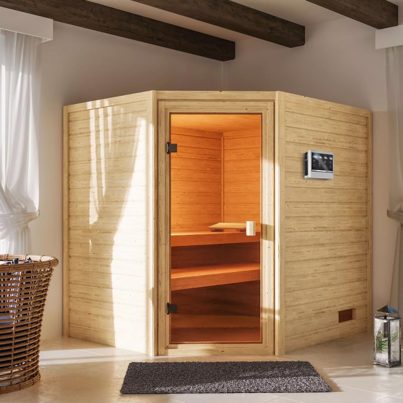 Karibu Elea Sauna d'Angle Traditionnel 3-4 Places | 195x169 cm, Hauteur 187 cm | Bois Massif 38mm, Porte Verre Sécurité | Poêle 9kW, Bancs Bois de Tremble | Kit Protection Poêle Inclus