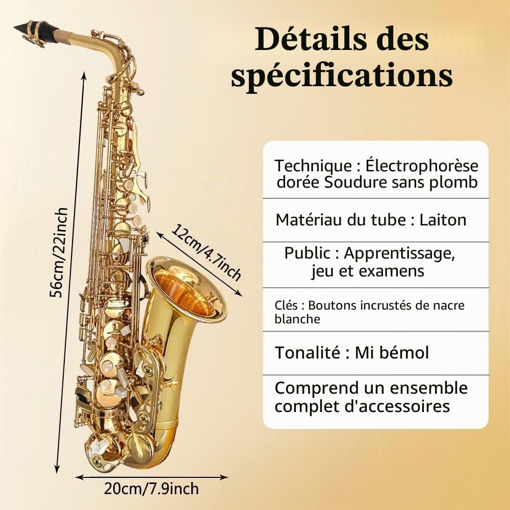 Yinfente - Saxophone Alto Mi Bémol pour débutants adultes, saxophone étudiant, kit complet avec anches, coussinets, étui de transport rigide, chiffon et tige de nettoyage, bec, gants, sangle de cou