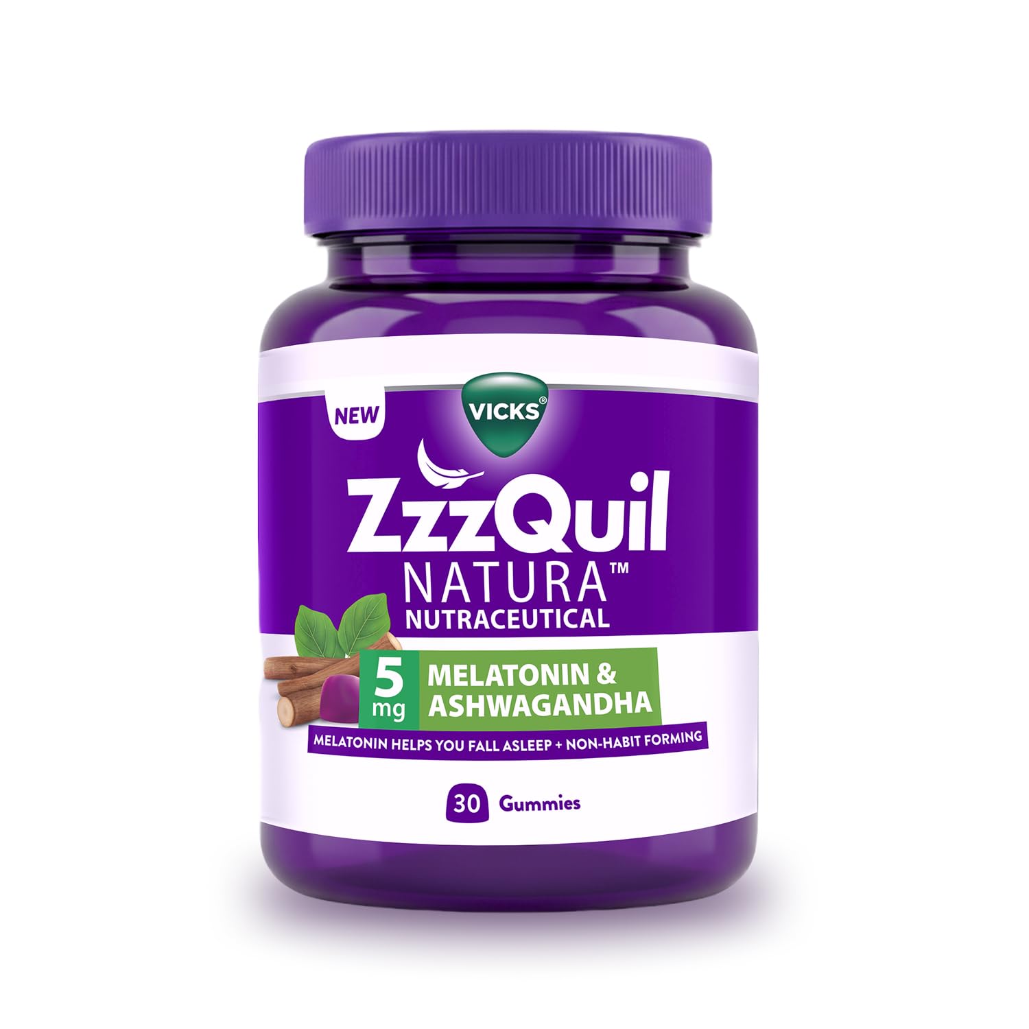 Vicks ZzzQuil Natura Sleep Gummies (Pack of 30) 5mg Melatonin with 50mg Natural Ashwagandha, Helps You Fall Asleep, Non-Habit Forming, Strawberry Flavor, Pure Vegetarian, Sealed Jar-image-14