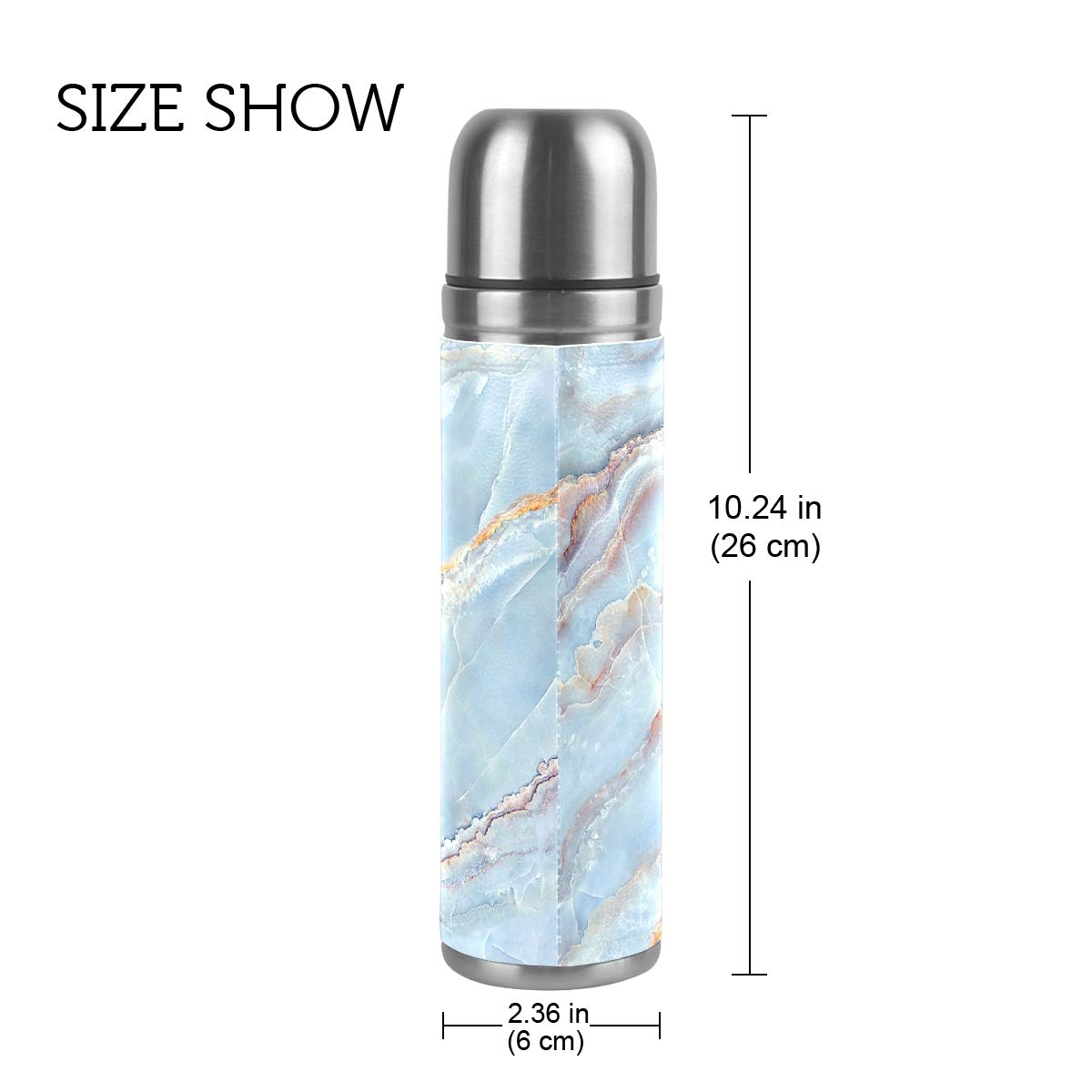 Taza de viaje aislada al vacío de acero inoxidable con doble pared a prueba de fugas, color mármol, textura personalizada impresa en piel auténtica, termo termo de 500 ml