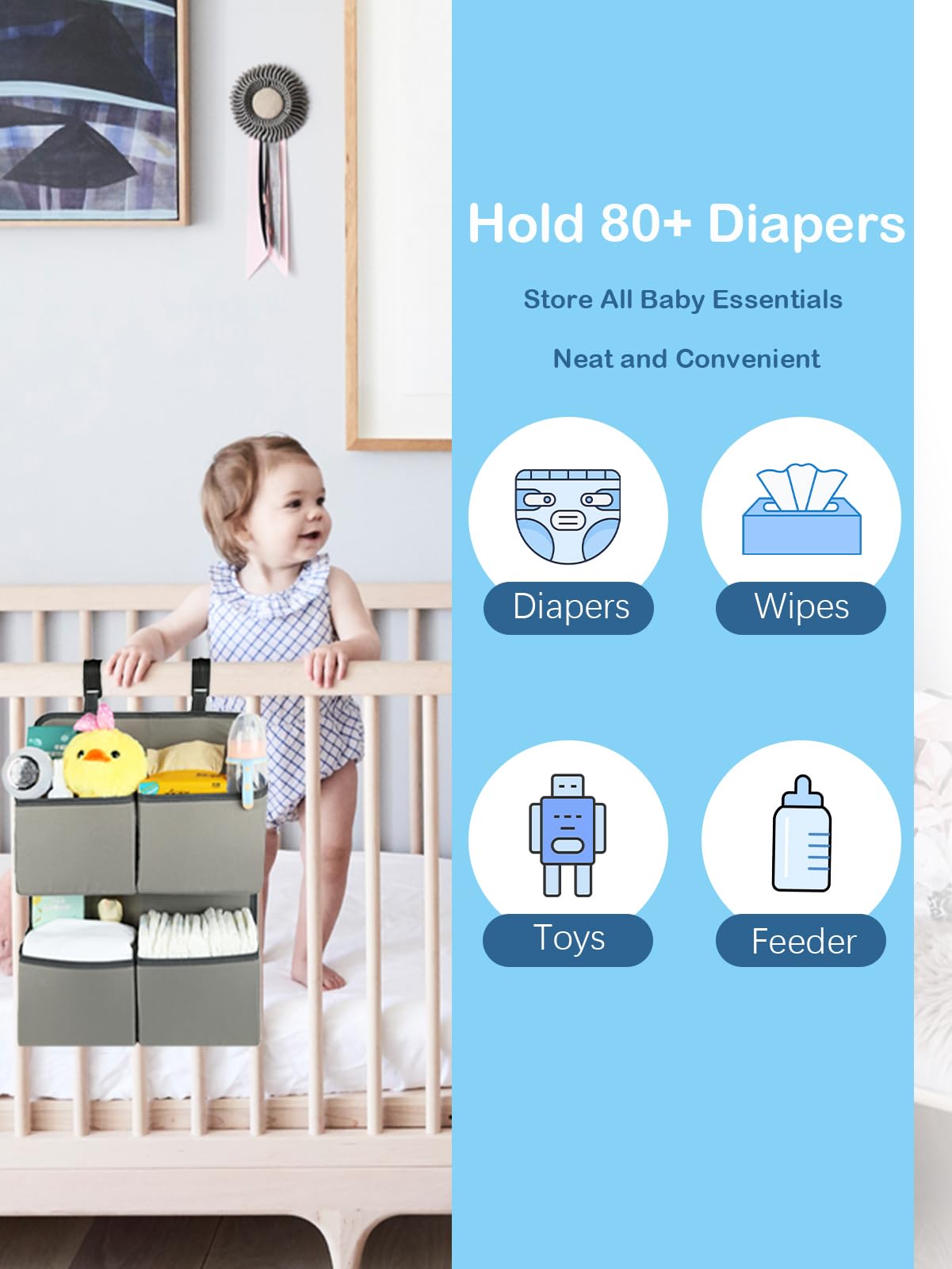 Organizador de pañales colgantes para cuna/playpen/basinet - Hold 80+ Diapers - 4 bolsillos profundos - H19 pulgadas x L15 in cambiante soporte para diapasón de mesa - Colgador de pañales