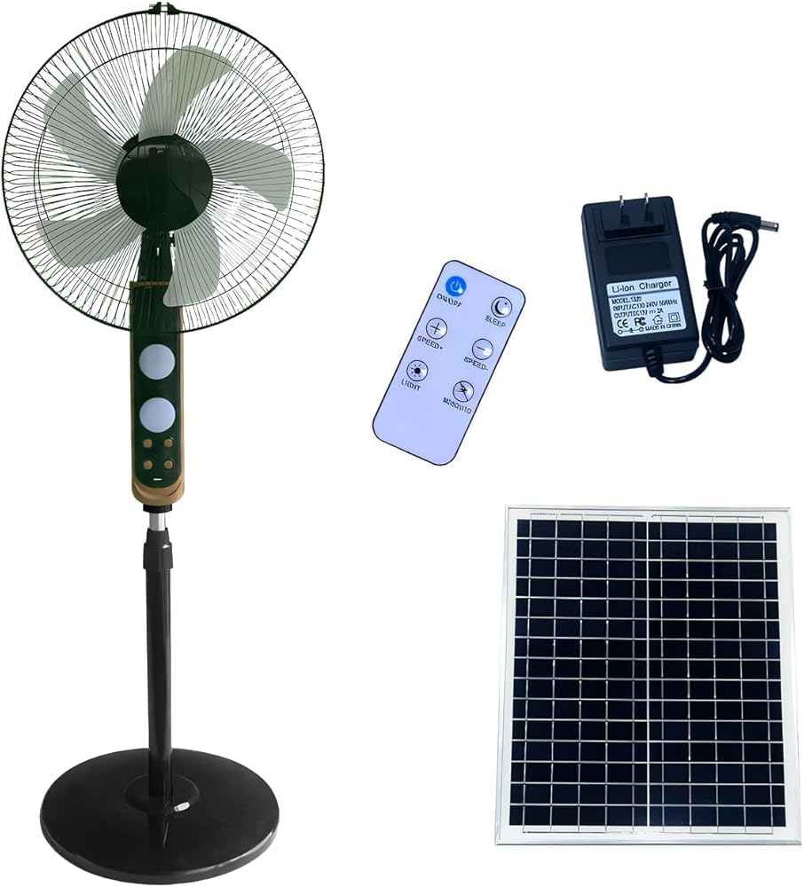 16-inch Solar Vertical Fan, Electric Oscillating Fan, Vertical Floor Fan with Remote Control, 4 Speeds, Two Charging Methods, Suitable for Home, Office, Fishing, Camping photovoltaic Black