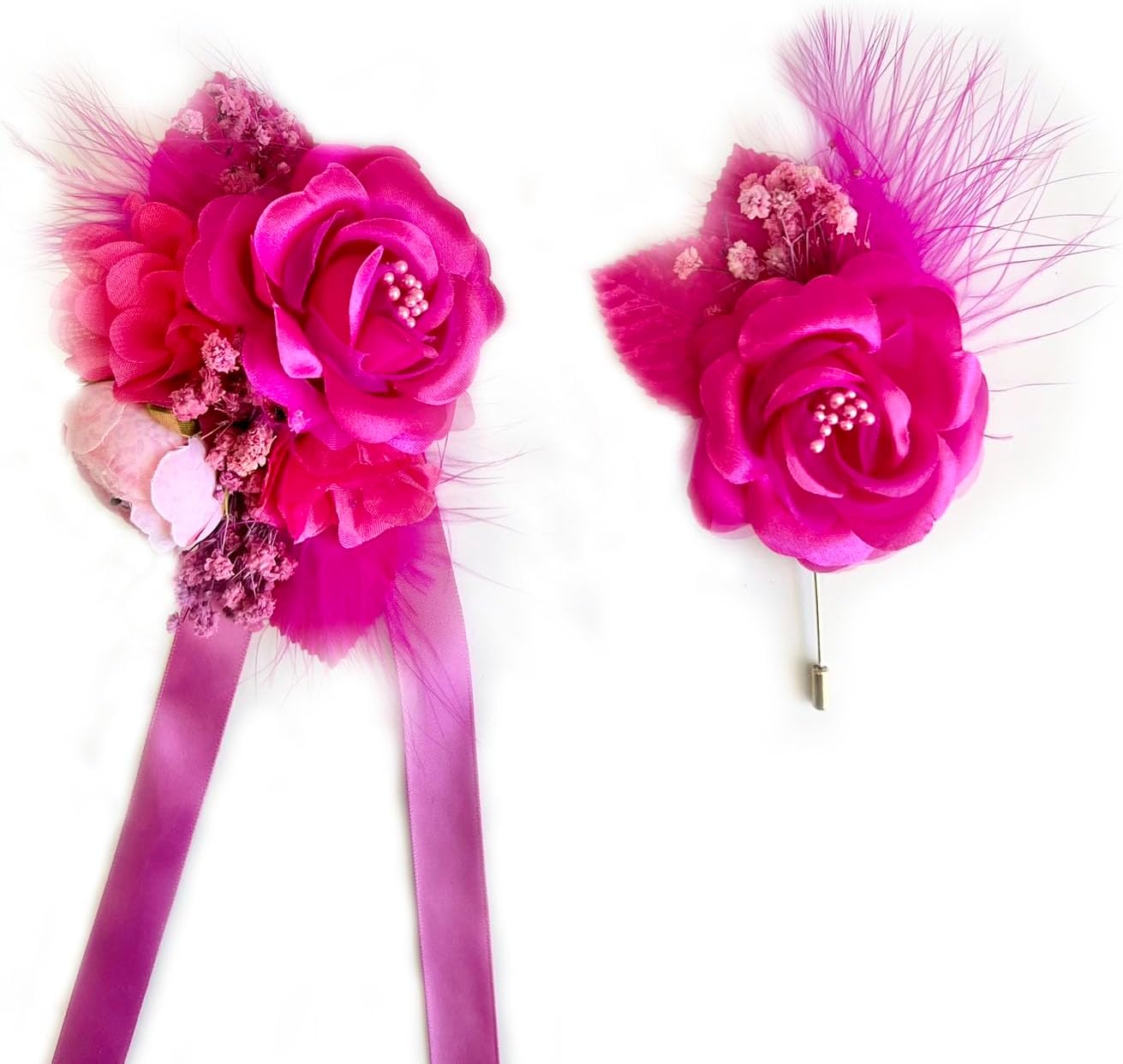 WHITEROOM Hot Pink Promo Corsage and Boutonniere Set, Wrist Wedding Corsage, Wedding Corsage, Bridesmaids Corsage, Feather Bridal Bracelets