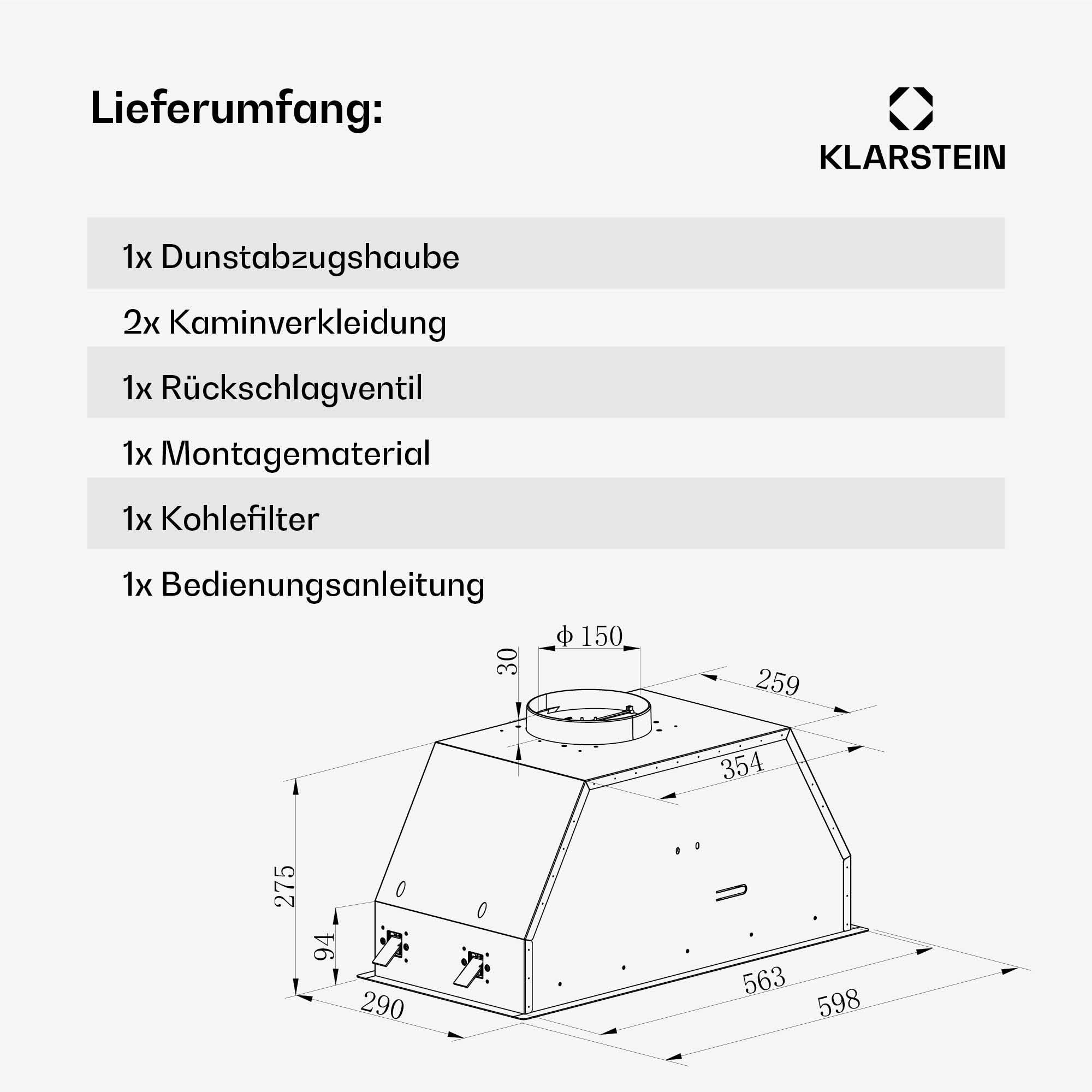 Klarstein Ventimate Dunstabzugshaube Unterbau 60cm Touch-Bedienfeld 390 m³/h A+ DC-Motor LED Weiß