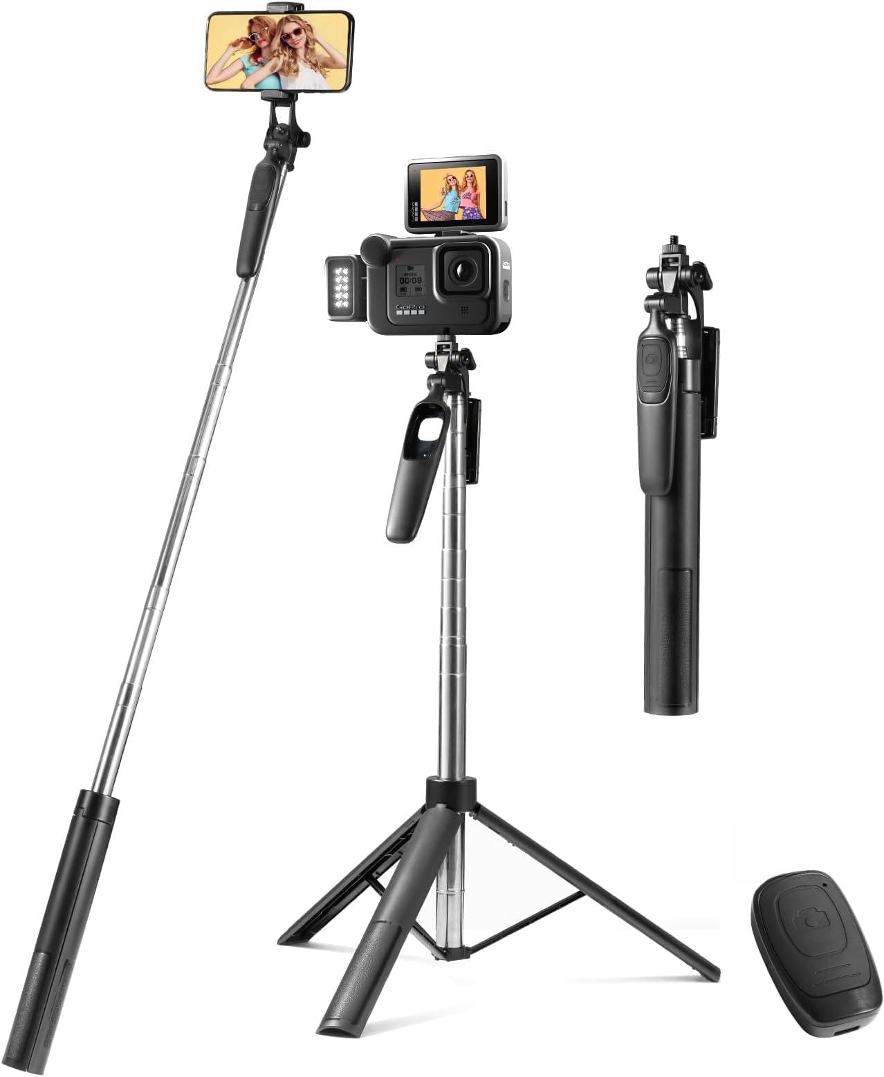 Vinabo Bastone Selfie Bluetooth 3 in 1, Treppiede Smartphone, 160 cm Asta Selfie Retrattile Stabilizzatore Smartphone con Telecomando Rimovibile e Rotazione di 360 gradi per iPhone, Galaxy, Huawei