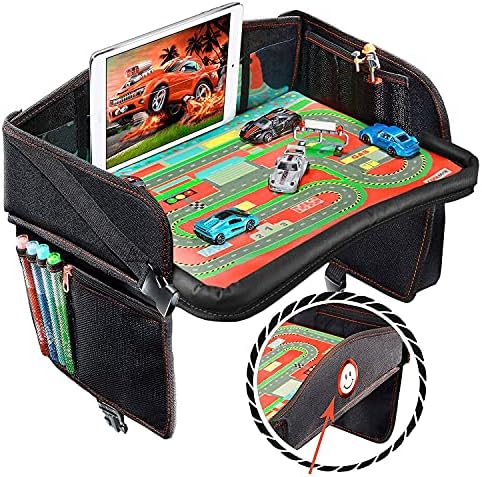 Coolmum Kids Travel Tray, Toddler Car Seat Tray, Activity Organizer, Snack Lap Tray, Baby Stroller Tray, Airplane Play Table, Waterproof and Foldable (Premium Black)