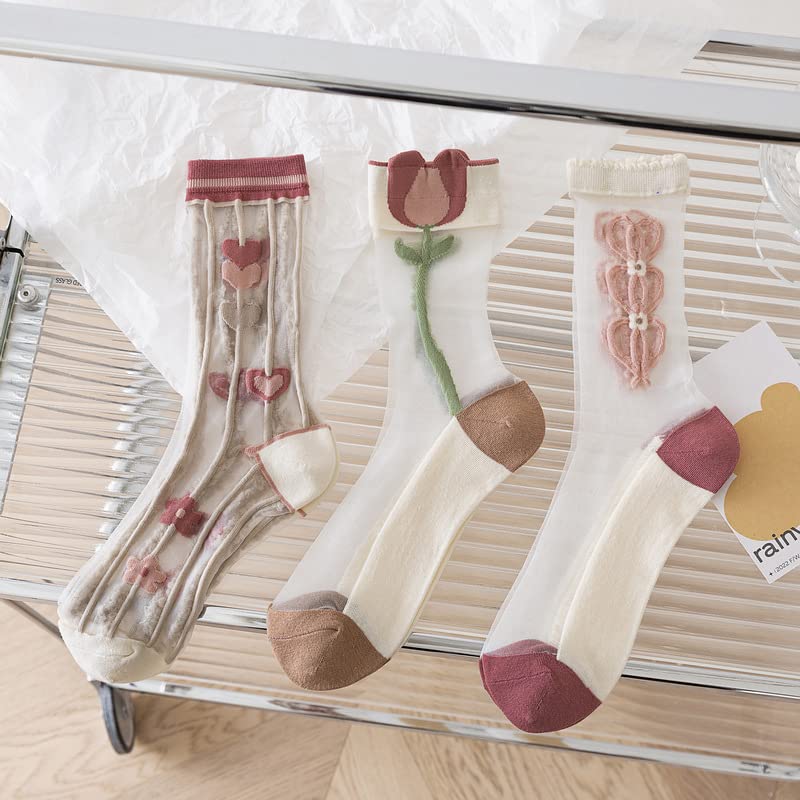 Image of Alafime 8 Pairs Sheer Vintage Embroidered Floral Socks for Women Coquette Aesthetic Mesh Y2K Fulle Socks