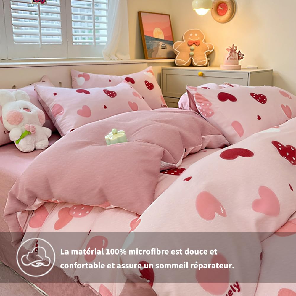 Freyamy Housse de Couette 200x200 Amour Rose Parure de lit 2 Personne en Microfibre avec Fermeture Éclair Réversible Sets de Housse Couette avec 2 Taie d'oreiller 65 x 65cm pour Filles Enfants