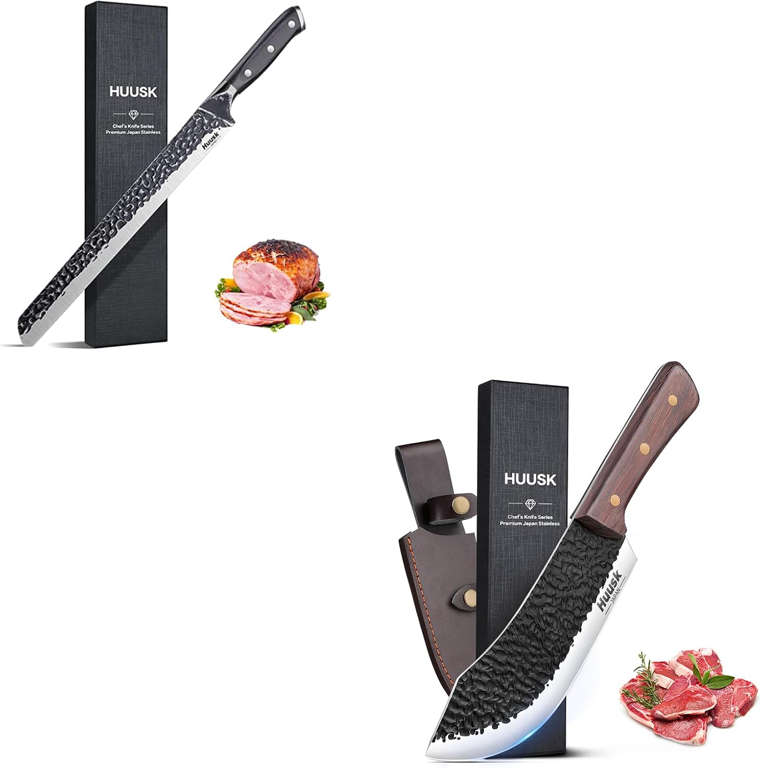 Huusk Premium Slicing Knife Bundle with Hand Forged Meat Cleaver Knife