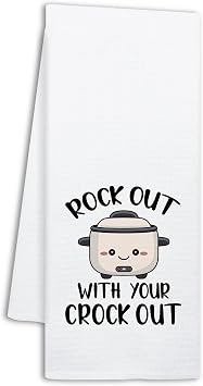 Funny Crock Pot Kitchen Towels, Rock Out with Your Crock Out, Humor Saying Dish Towels for Kitchen Decor, Cooking Gifts for Chef, Sweet Housewarming Gifts for Women Hostess Housewife Friend