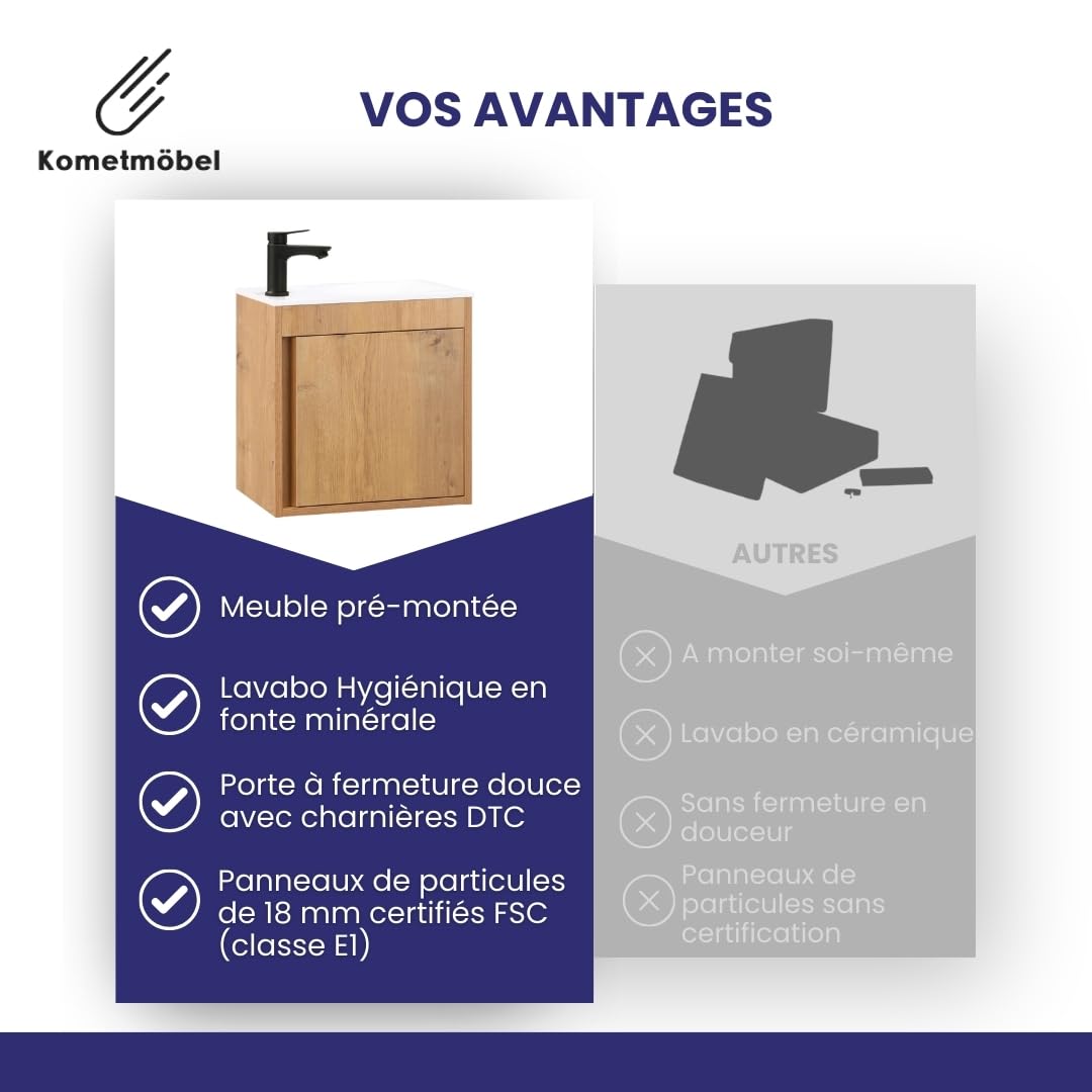 Meuble Lave Mains WC Meuble lavabo 50cm déjà monté (Chêne 50cm, sans Mitigeur)