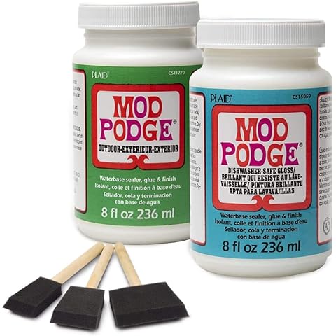Mod Podge CS11220 236 ml Outdoor Waterbase Sealer/Glue and Finish, Clear & PLCS15059 8 oz Dishwasher Safe Gloss with 3 Foam Brushes Cover