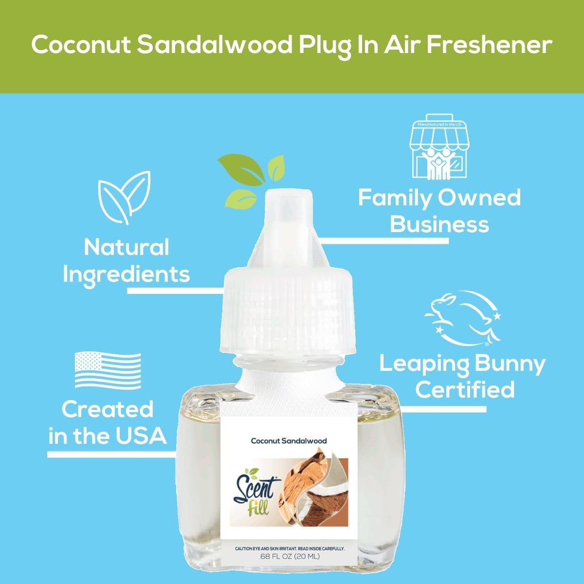 Scent Fill Ambientador de repuesto de sándalo de coco con enchufe, se adapta a calentadores de marca nacional, recambios de aceite perfumado, paquete de 4
