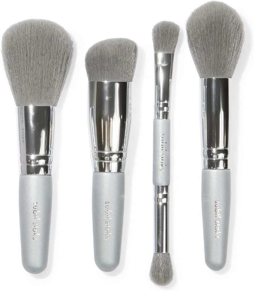 4-in-1 makeup brush set | travel-sized brush set with cruelty-free synthetic fibers | 4 compact brushes including eyeshadow, blush, stippling & powder | subtl staks