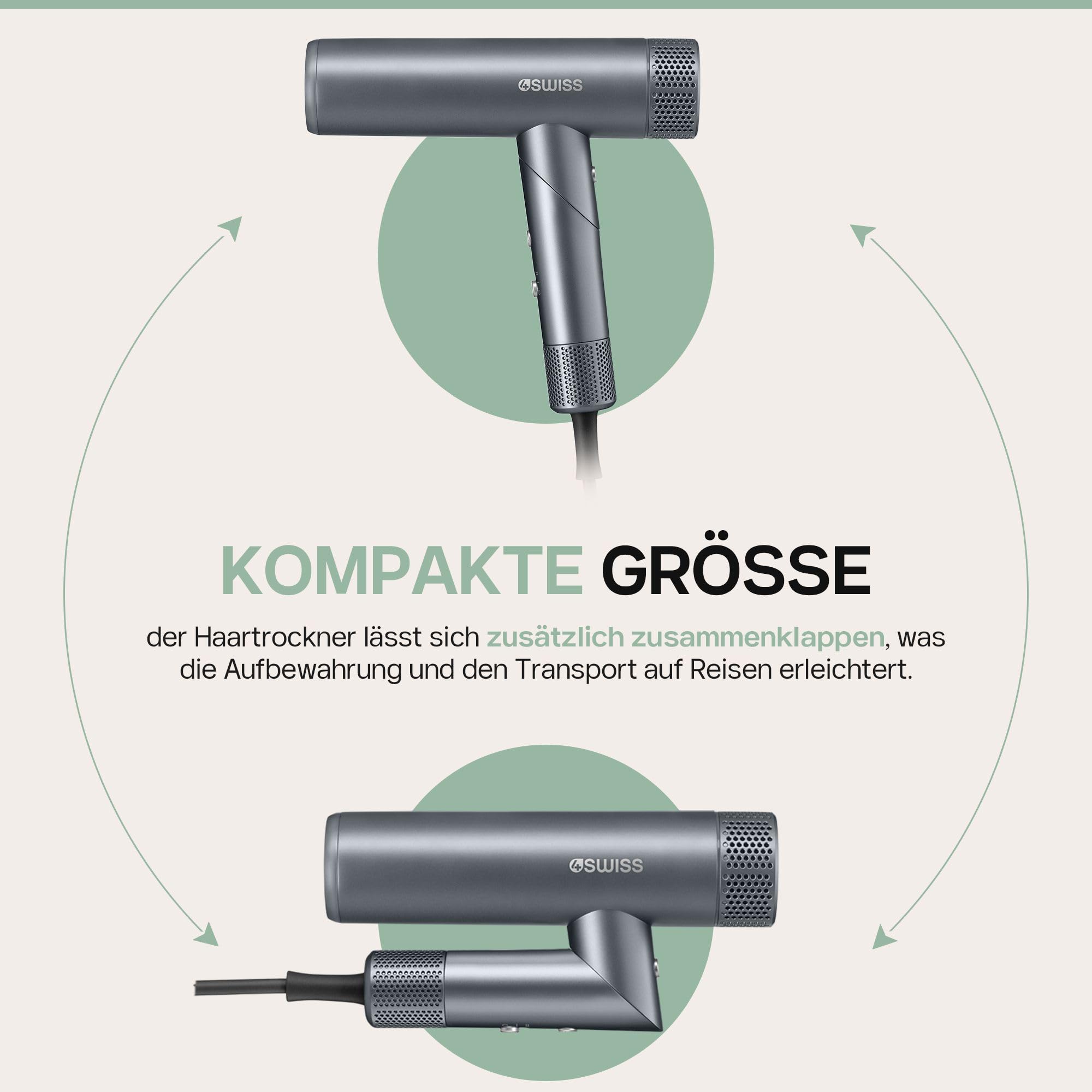 4Swiss Air Power+ Haartrockner mit Ionen-Technologie – Bürstenloser Hochgeschwindigkeitsmotor 110.000 RPM – 8 Modi & Intelligente Temperaturregelung – Schnelltrocknend, Klappbar & Leise