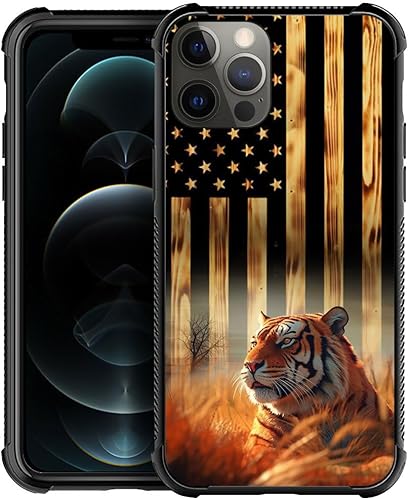 DJSOK Funda compatible con iPhone 13 Mini, funda clásica de grano de madera con bandera estadounidense y tigre para iPhone 13 Mini para hombres y