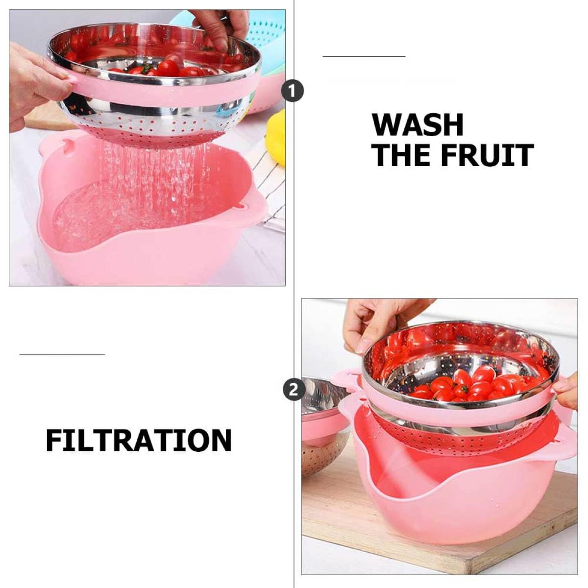 Baluue Verdicktes und Edelstahl mit Großem Fassungsvermögen Reiswaschsieb Doppeltem Design Praktisches Küchensieb in Rosa mit Rutschfesten Füßen für Spülbecken