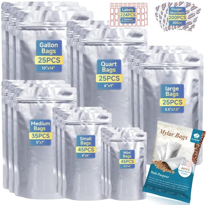 Mylar Bags for Food Storage 200 Pcs, 8.7 Mil Thick Mylar Bags With Oxygen Absorbers, Resealable Mylar Bag Gusset Bottom& Ziplock Food Grade Bags For Storage