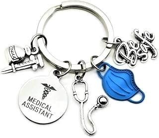 Kit's Kiss Medical Assistant Keychain MA Keychain Stethoscope Syringe Caduceus Medical Symbol Nursing School Graduation Medical Student Gift, Silver, Blue, Diameter of Key Ring : 1.2 inches (3 cm)