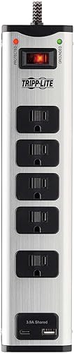 Miniatura 4 de Tripp Lite Regleta protectora contra sobretensiones, 5 tomas de corriente, metal, 1 USB-A y 1 puerto de carga USB C, cable compartido de 6 pies